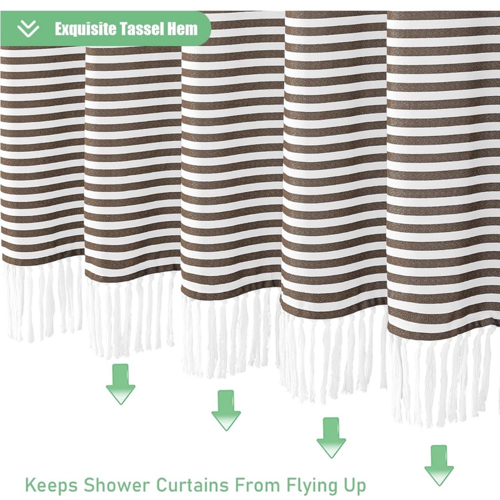 Dynamene Brown Fabric Farmhouse Boho Striped Tassel Shower🚿Curtains 4 Bathroom - Picture 5 of 8